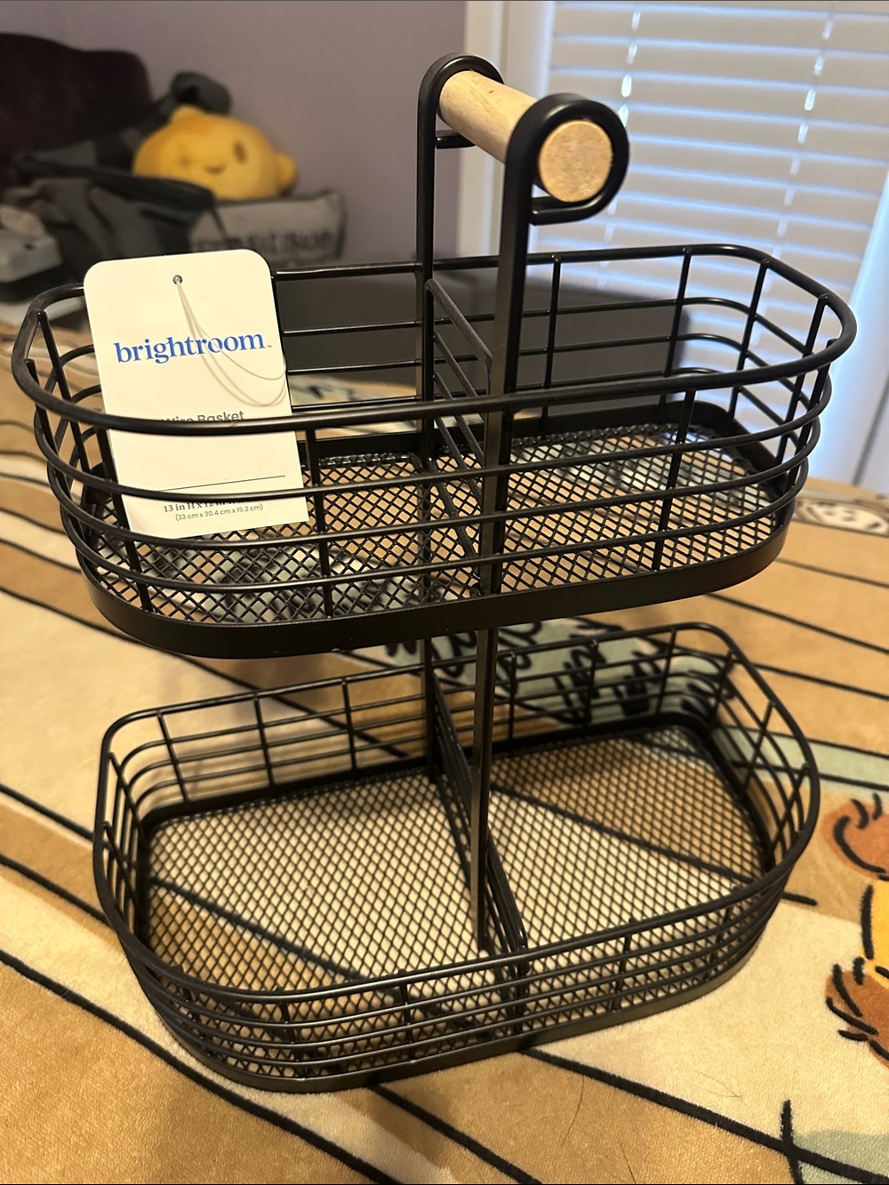 brightroom Black 2-Tier Metal Mesh Organizer with Wooden Handle